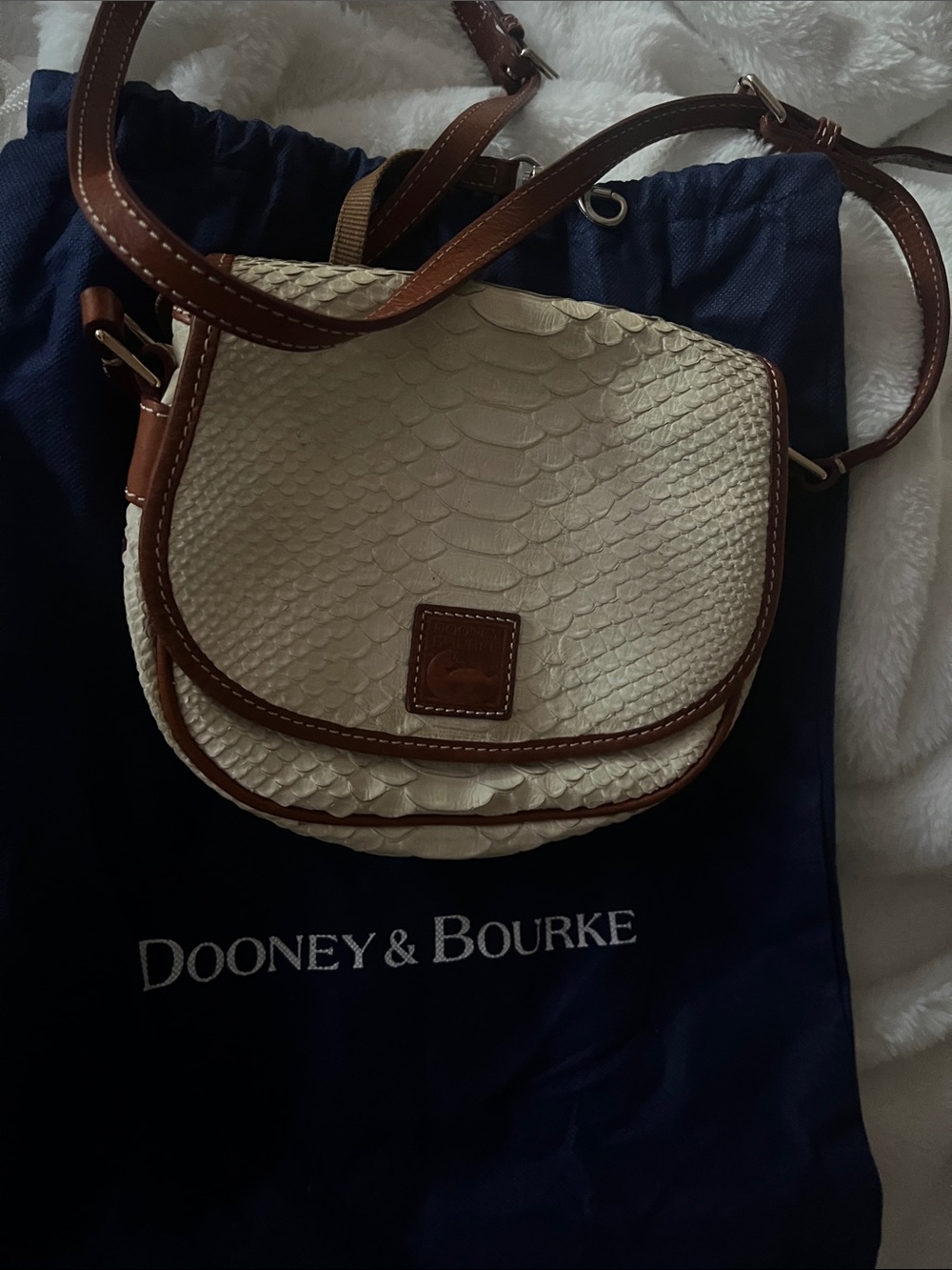 Dooney Crossbody Saddle Bag Vintage Embossed Cream/Bone white w/Brown Trim - Picture 16 of 16